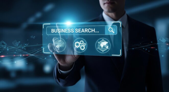 Futuristic Business Search Interface Hovering Hologram Display in a Corporate Setting
