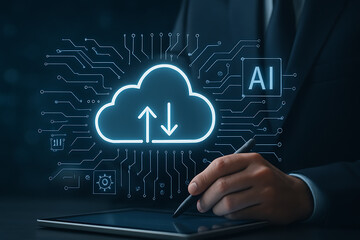 Naklejka premium Cloud computing with glowing symbol upload and download icons representing AI network storage and digital technology