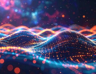 Digital wave patterns with glowing dots and lights in space
