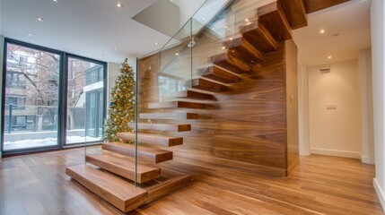 Fototapeta premium Inside a modern living room, wooden stairs lead up to a stylish upper level. A vibrant Christmas tree stands nearby, creating a warm and festive atmosphere in this inviting space