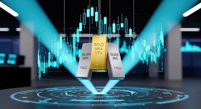 Futuristic Dashboard with Floating Gold and Silver Bars.