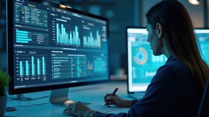 Business Analyst Working on Computer with Data Visualization and Charts in Modern Office Environment at Night