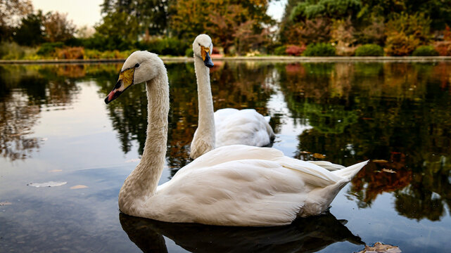 Two white swans swimming on lake during autumn season