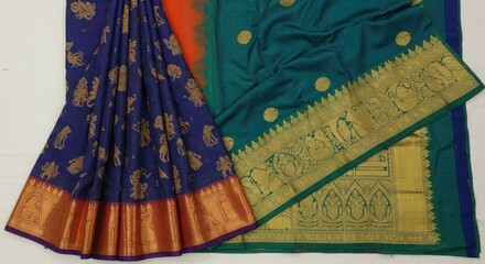 Exquisite deep blue silk saree adorned with intricate gold motifs and a rich emerald green border featuring traditional Indian artistry and detailed patterns, perfect for elegant occasions.