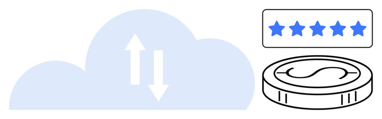 Fototapeta premium Cloud with upload and download arrows, coin symbol, and five-star rating. Ideal for finance, feedback, ecommerce, quality assurance, digital currency cloud data user experience. Simple flat