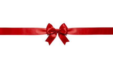red gift ribbon with a bow tied in the center, horizontal layout. Isolated on transparent background, png