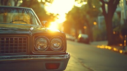Classic Car Headlights Sunset City Street Vintage with Transportation.