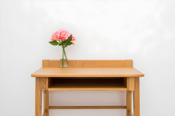 Simple wooden study desk with flower vase isolated on white background