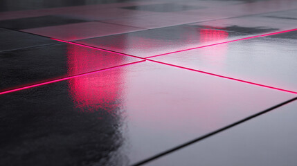 Hyperrealistic close-up of a laser line reflecting off a glass surface, highlighting precision, light interaction, modern technology, and sleek scientific or industrial aesthetics.
