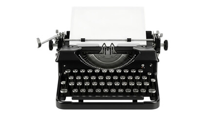 Vintage black typewriter, with blank white paper in carriage, isolated on white or transparent background. PNG