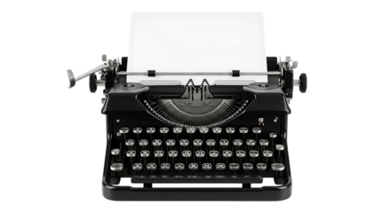 Vintage black typewriter, with blank white paper in carriage, isolated on white or transparent background. PNG