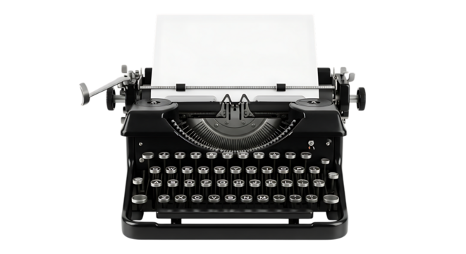 Vintage black typewriter, with blank white paper in carriage, isolated on white or transparent background. PNG