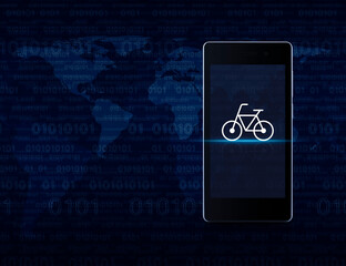 Bicycle flat icon on modern smart phone mobile screen over computer binary code blue background, Bike shop online concept, Elements of this image furnished by NASA