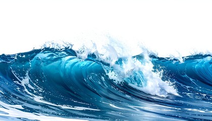 A close-up of a powerful, translucent ocean wave cresting against a bright white backdrop