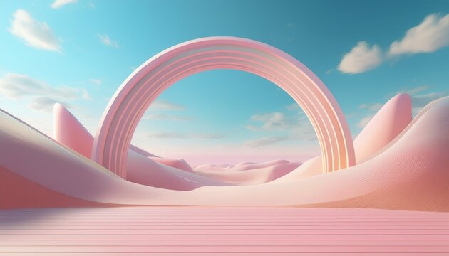 3d render surreal pastel landscape background with geometric shapes abstract fantastic desert dune in seasoning landscape with arches panoramic futuristic scene with copy space blue sky and cloudy