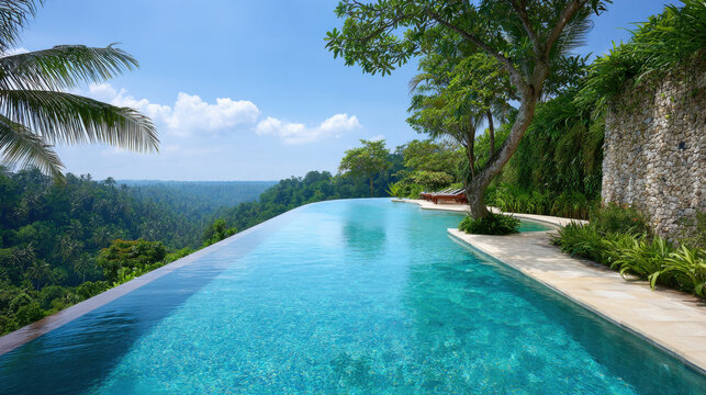 Wide shot of luxury resort infinity pool overlooking lush green forest under bright blue sky with palm trees and relaxing lounge chairs