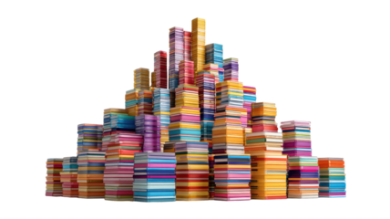 A conceptual image of a skyscraper made from a stack of books symbolizing knowledge growth and ambition on white background