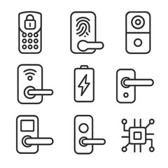 Smart door lock icons - fingerprint, keypad, battery, circuit, and wireless symbols