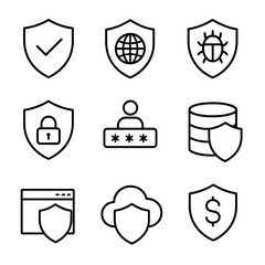 Cybersecurity icons set: system protection, data security, online safety symbols