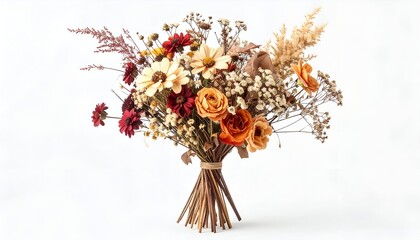 Fototapeta premium A rustic bouquet of dried flowers with varied colors and textures against a white backdrop