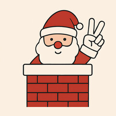 Cheerful santa claus peeking from chimney making peace sign festive holiday season