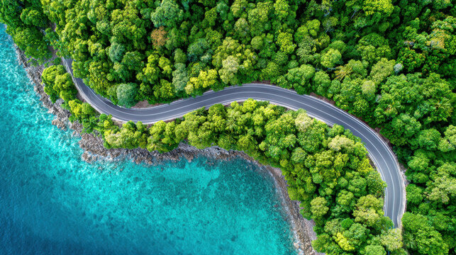 Aerial view of winding coastal road surrounded by dense green forest and clear turquoise water creating peaceful natural landscape - Powered by Adobe
