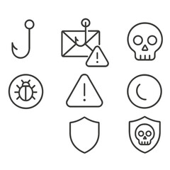 Cybersecurity icons: phishing, malware, and data protection symbols