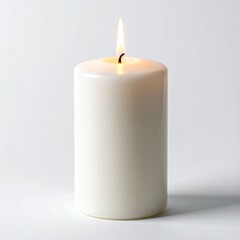 Illuminated White Pillar Candle on Plain Backdrop for Peaceful Ambiance