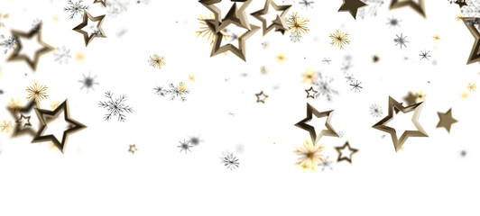 Beautiful gold stars and snowflakes on white background. Perfect for holiday greetings and festive designs. Use this image for Christmas, winter © vegefox.com