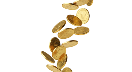 Pile of gold coins falling with dollar signs and numbers isolated on a transparent background falling coins