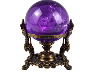  Intriguing Purple Crystal Ball on Ornate Bronze Stand transparent background.
