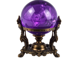  Intriguing Purple Crystal Ball on Ornate Bronze Stand transparent background.