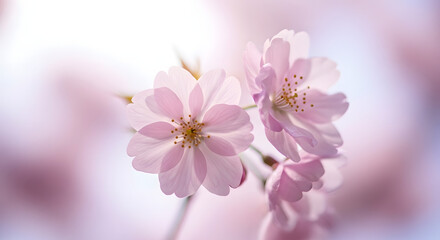 Fototapeta premium Watercolor flower background closeup macro shot of delicate light pink cherry blossoms with soft focus and a bright, ethereal bokeh background during springtime