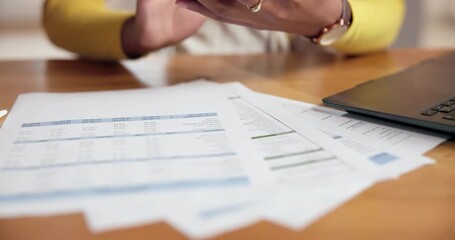 Closeup, home and woman with documents, smartphone and alarm clock for taxes deadline. Hands, apartment and person with cellphone, budget report and notification with time management and paperwork - Powered by Adobe