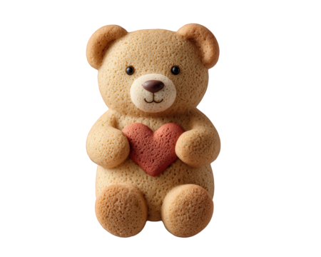 Adorable teddy bear biscuit holding red heart, cute snack food isolated for valentine celebration. Lovely sweet treat represents love and affection