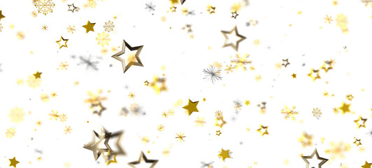 Elegant gold stars and snowflakes falling over a clean white background. Perfect for celebrations, holidays, and festive designs, evokes feeling