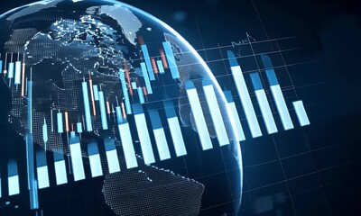 Global financial market data visualization with a digital world map and candlestick charts showing economic trends and investment performance - Powered by Adobe