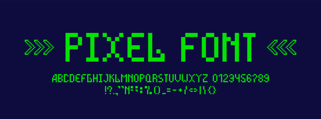 Pixel game art simple alphabet. Green letters, symbols and numbers.