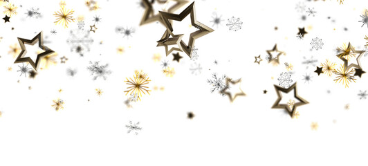 Abstract holiday background featuring gold stars and snowflakes against a white backdrop, perfect for festive designs and celebrations.