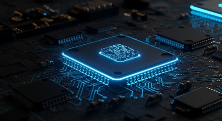 Close up of a glowing central processing unit on a circuit board