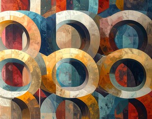 Geometric abstract design featuring colorful nested rings and fragmented shapes