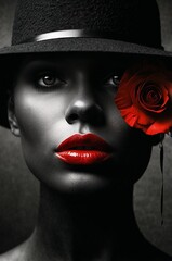 Elegant black and white portrait of a woman with red lips and a rose, wearing a black hat

