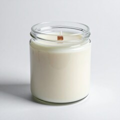 Creamy Wax Candle in Glass Jar with Wooden Wick on Neutral Background