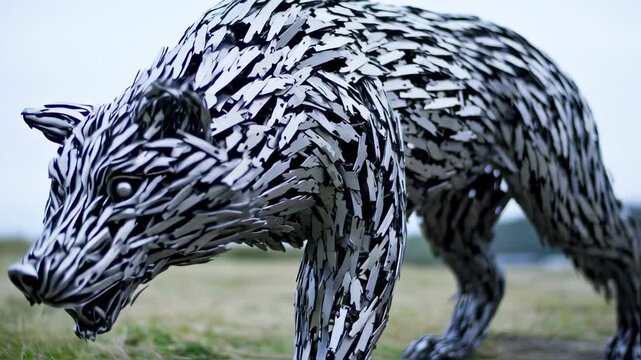 A metallic wolf sculpture composed of interlocking metal pieces, set in a grassy outdoor environment