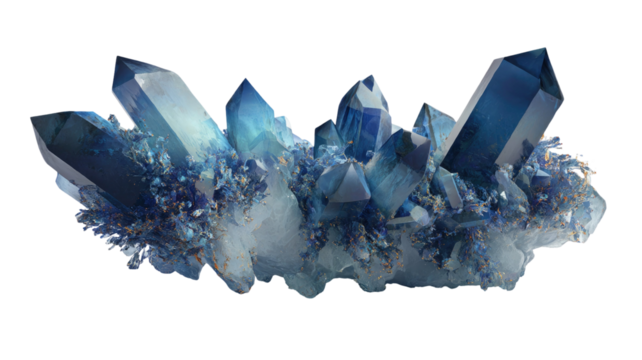 A cluster of blue shaded crystalline formations with geometric shapes showing sparkling mineral structure on white background