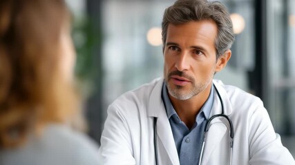 Confident male doctor attentively listening to a patient during a medical consultation in a modern clinic. Professional healthcare provider offering support and advice