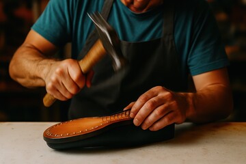 A skilled artisan or cobbler carefully hammers a leather sole onto a shoe, showcasing traditional shoemaking craftsmanship and the meticulous process of footwear creation.