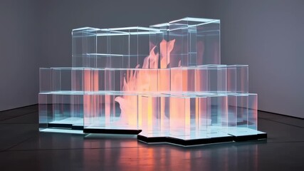 A layered, glass structure containing a fiery display, on a reflective surface, in a gallery - Powered by Adobe