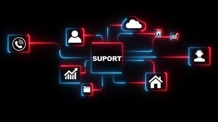 Cloud support network diagram with glowing neon icons for business growth customer service teamwork and cyber security on black background. 4k video motion graphic animation.