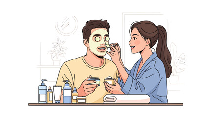 Couple doing skincare together at home, fun and bonding lifestyle moment